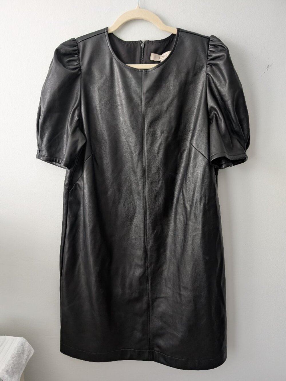 LOFT Black Faux Leather Puff Sleeve Shift Dress Size 14